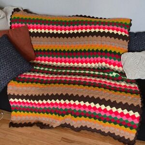 Vintage Handmade Crochet Afghan Blanket Shell Stitch Multi-Color Scalloped 67x54